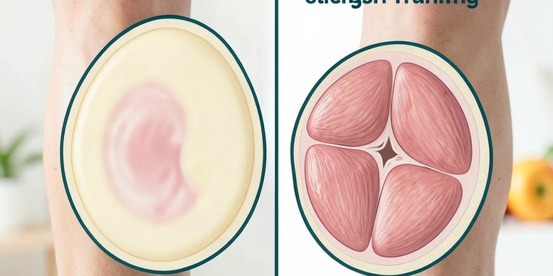 Querschnittdarstellung eines Oberschenkels: links ohne Training – mehr Fett, weniger sichtbare Muskelstruktur; rechts nach 6 Monaten Krafttraining – kompakterer Querschnitt, deutlichere Muskelgrenzen, kein größerer Umfang