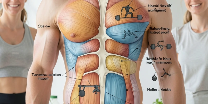 Querschnittsbild Rumpfmuskulatur mit Markierung der tiefen Stabilisatoren (M. transversus abdominis, Multifidus) vs. oberflächlicher Bauchmuskeln – welche CrossFit-Übungen welche Schicht aktivieren