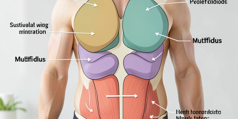 Querschnittszeichnung des Rumpfes mit beschrifteten Kernmuskeln – transversus abdominis, Beckenboden, Zwerchfell, Multifidus – mit Pfeilen, die die Stabilisierungsrichtungen zeigen