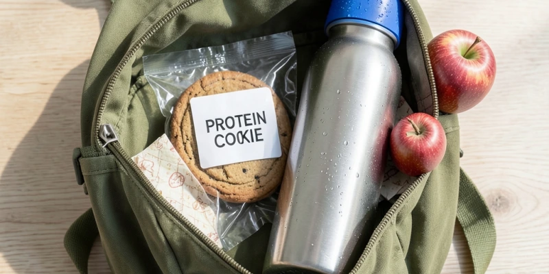 Rucksack geöffnet mit Protein-Keks, Wasserflasche und Apfel als Snack-Kombination für unterwegs – ohne Kühlbedarf
