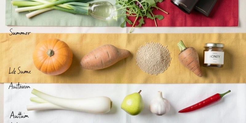 Saisonale Lebensmittelübersicht als Tabelle: Frühling (grün, sauer), Sommer (rot, bitter), Spätsommer (gelb, süß), Herbst (weiß, scharf), Winter (schwarz, salzig) – mit je 3–4 Beispiellebensmitteln pro Zeile