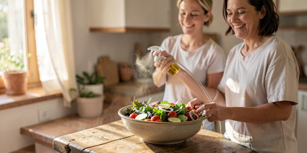 Salat mit Öl besprühen statt Dressing