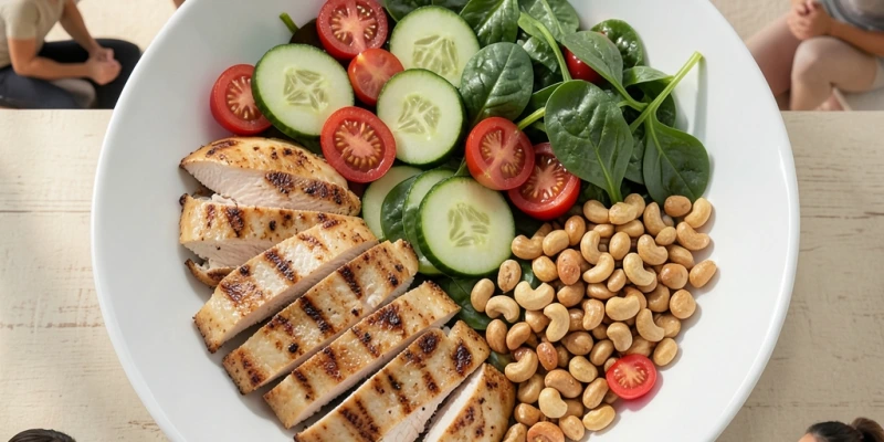 Salatschüssel mit Hühnerbruststreifen, Gemüse und gehackten Cashewkernen – Portionsangaben als Beschriftung direkt im Bild sichtbar