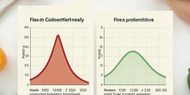 Schematische Darstellung – Blutzuckeranstieg nach einer Mahlzeit mit schnellen Kohlenhydraten (steile Kurve, schneller Abfall) vs. nach einer Mahlzeit mit Ballaststoffen und Protein (flache Kurve, stabiles Niveau) – beide mit gleichem Kaloriengehalt