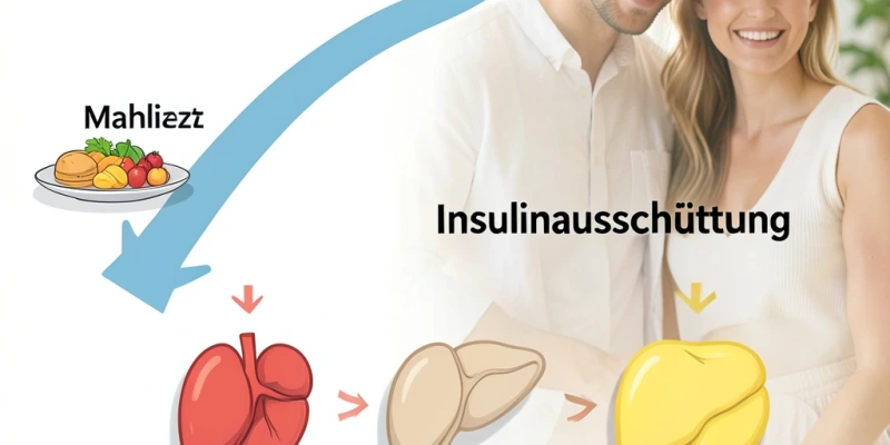 Schematische Darstellung: Blutzuckeranstieg nach einer Mahlzeit mit anschließender Insulinausschüttung und Wirkung auf Muskel-, Leber- und Fettzellen – vereinfachtes Pfeildiagramm