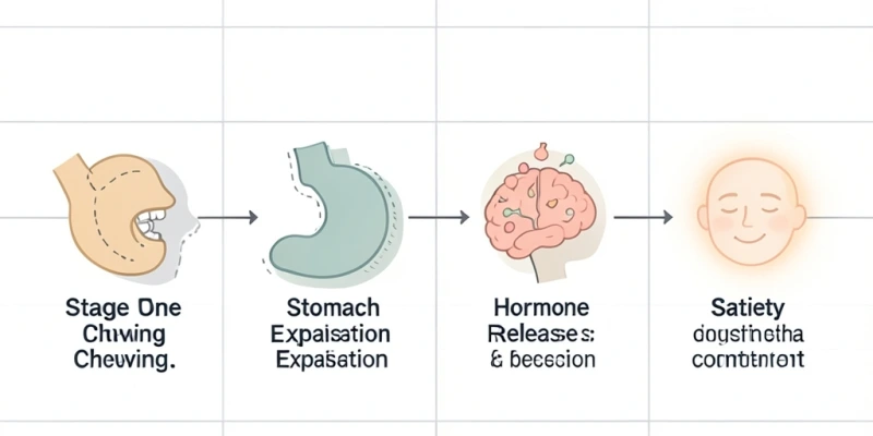Schematische Darstellung der Sättigungssignale beim Essen: Kauen → Magenausdehnung → Hormonausschüttung → Sättigungsgefühl – mit Markierung, welche Signale beim Shake fehlen oder verzögert sind