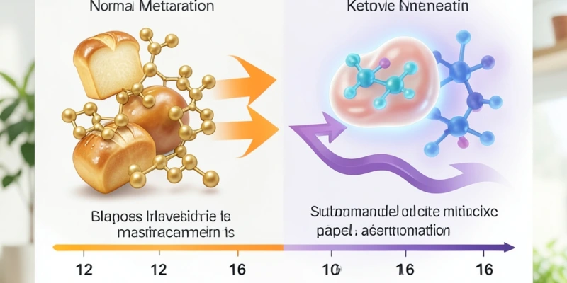 Schematische Darstellung der Stoffwechselumstellung: links „normaler Betrieb" mit Glukose als Hauptenergiequelle, rechts „Fastenstoffwechsel" mit Fettsäuren und Ketonkörpern – mit Zeitachse ab Stunde 12–16