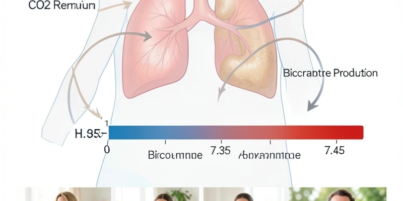 Schematische Darstellung des Blut-pH-Puffersystems: Wie Lunge und Niere gemeinsam den pH-Wert stabil halten – mit Pfeildiagramm