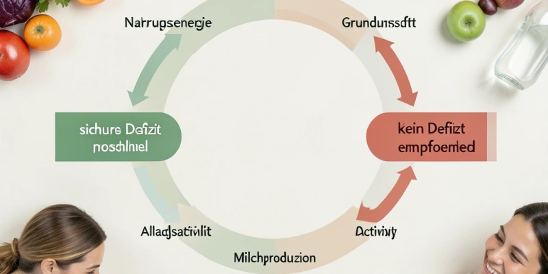 Schematische Darstellung des Energiekreislaufs beim Stillen: Nahrungsenergie fließt in Grundumsatz, Alltagsaktivität und Milchproduktion – mit Kennzeichnung, wo Defizit entstehen kann und wo nicht