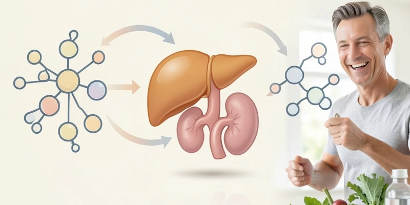 Schematische Darstellung des Gluconeogenese-Prozesses: Protein wird zu Glukose umgebaut, wenn Kohlenhydrate fehlen. Leber und Nieren als beteiligte Organe sichtbar gemacht – sachlich, ohne Dramatisierung.