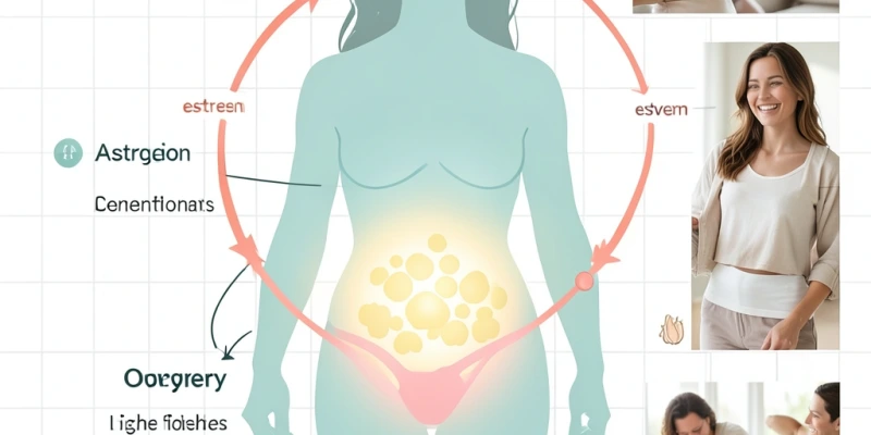 Schematische Darstellung des hormonellen Regelkreises: Wie Fettgewebe Östrogen produziert und wie das die Signalkette zu Hypothalamus, Hypophyse und Eierstock beeinflusst