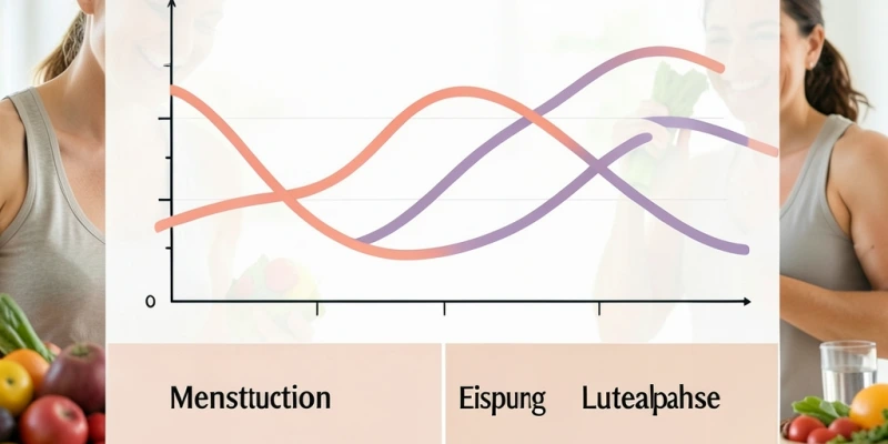 Schematische Darstellung des Hormonverlaufs über einen 28-tägigen Zyklus – Östrogen und Progesteron als Kurven, mit markierten Phasen: Menstruation, Follikelphase, Eisprung, Lutealphase