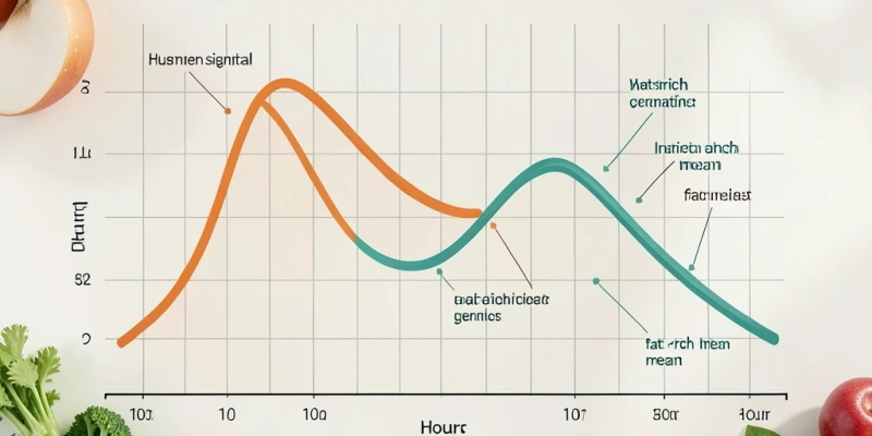 Schematische Darstellung des Insulinspiegels nach einer kohlenhydratreichen vs. fettreichen Mahlzeit – Kurven über die Zeit, beschriftet mit Hungersignal-Zeitpunkten