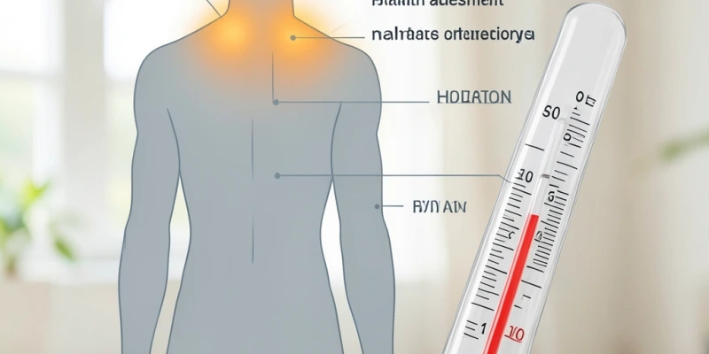 Schematische Darstellung des menschlichen Körpers mit zwei hervorgehobenen Bereichen – Nacken und Schlüsselbein – wo braunes Fettgewebe sitzt; daneben ein Thermometer als Symbol für Wärmeproduktion