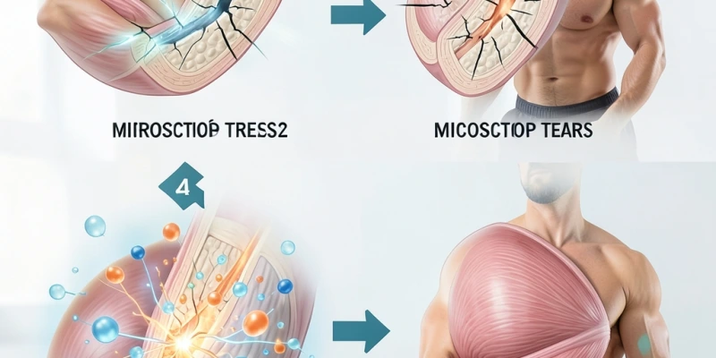 Schematische Darstellung des Muskelaufbauprozesses: Training → Mikroschäden → Reparatur → dickere Fasern → mehr Muskelmasse