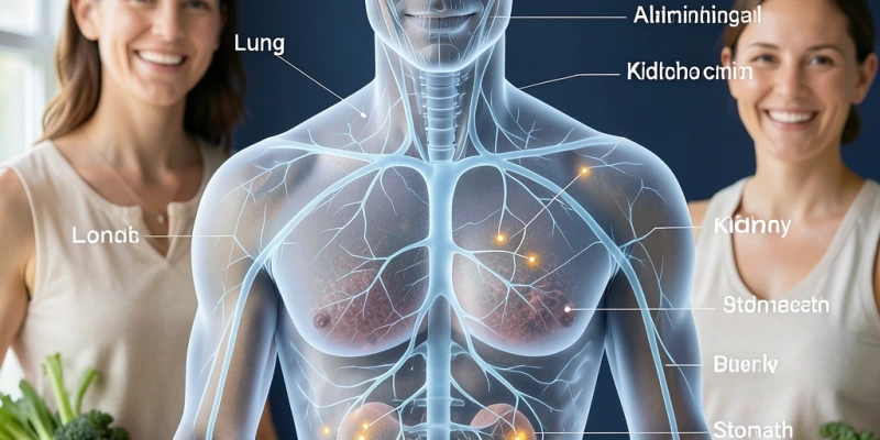 Schematische Darstellung des Nervensystems mit eingezeichneten Akupunkturpunkten am Ohr und Bauch, die häufig beim Thema Gewicht eingesetzt werden – keine Körperbewertung, rein anatomisch-informativ