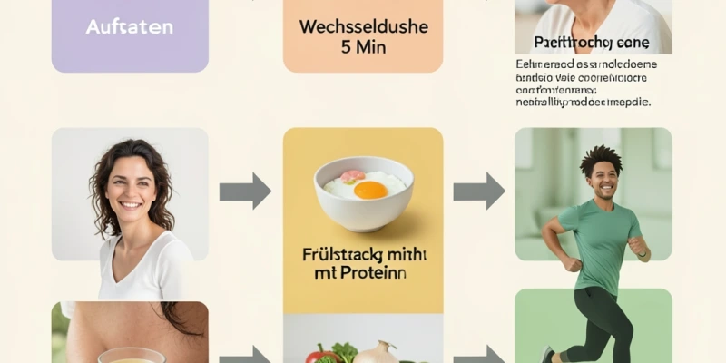 Schematische Darstellung einer Morgenroutine als Zeitstrahl: Aufstehen → Wechseldusche (5 Min.) → Frühstück mit Protein → Bewegung – mit Pfeilen, die zeigen, wie jede Phase die nächste vorbereitet