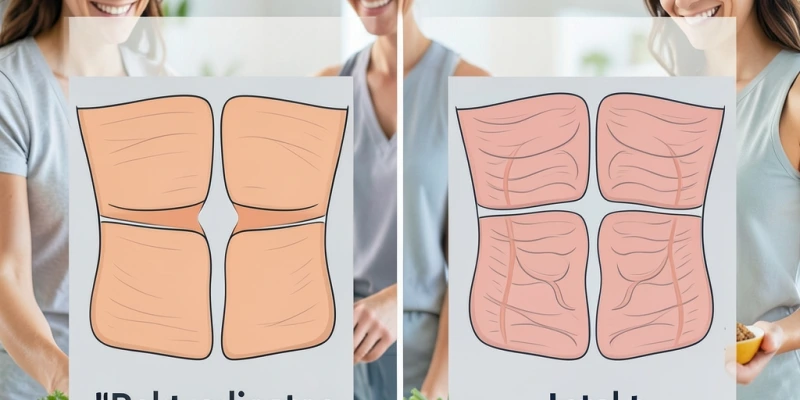 Schematische Darstellung einer Rektusdiastase – zwei Seiten der geraden Bauchmuskulatur mit sichtbarer Lücke in der Mitte, daneben eine intakte Bauchmuskulatur zum Vergleich