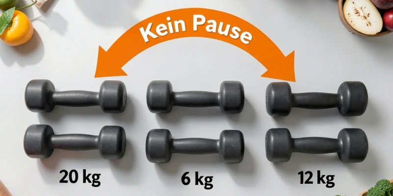 Schematische Darstellung eines Drop-Sets an der Kurzhantel: Drei Gewichtsstufen nebeneinander (z. B. 20 kg, 16 kg, 12 kg) mit Pfeil von schwer nach leicht – keine Pause dazwischen