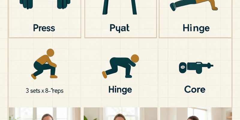 Schematische Darstellung eines Ganzkörper-Krafttrainingsplans für Einsteiger: 5 Übungen, je 3 Sätze à 8–12 Wiederholungen, mit Symbolbildern der Bewegungsmuster (Drücken, Ziehen, Kniebeuge, Hüfte).