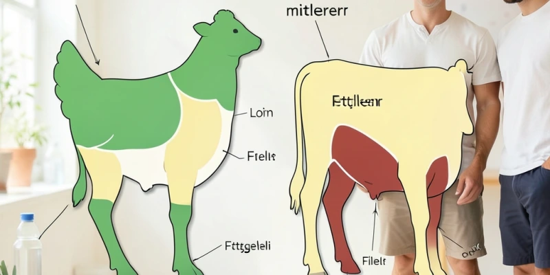 Schematische Darstellung eines Tierkörpers (Geflügel und Rind) mit farblicher Markierung: grün = fettarme Teilstücke (Brust, Lende, Filet), gelb = mittlerer Fettgehalt, rot = fettreiche Teilstücke (Bauch, Keule mit Haut)