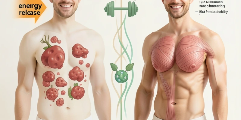 Schematische Darstellung: Fettgewebe gibt Energie ab (Pfeil nach links), Muskelgewebe nimmt Energie auf (Pfeil nach rechts) – beides gleichzeitig, vermittelt durch Training und ausreichend Protein
