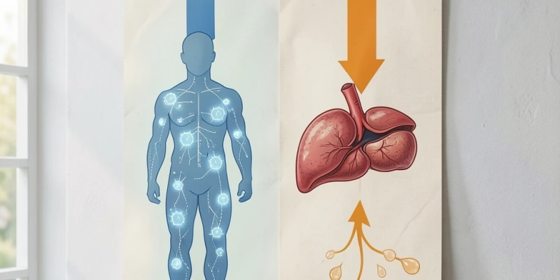 Schematische Darstellung: Glukose – geht ins Blut, wird von allen Körperzellen aufgenommen. Fruktose – landet fast vollständig in der Leber. Pfeil zeigt: bei Überschuss → Fettproduktion