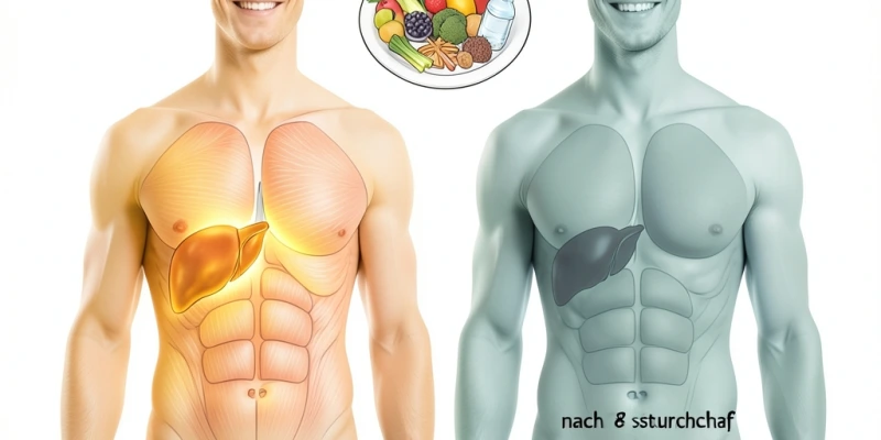 Schematische Darstellung: Glykogenspeicher in Leber und Muskeln – voll nach Mahlzeit, teilweise entleert nach 8 Stunden Schlaf