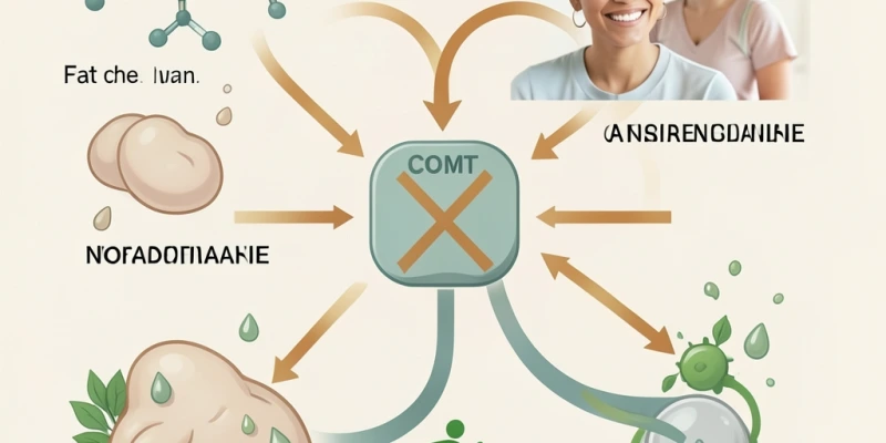 Schematische Darstellung: Koffein + EGCG hemmen COMT → Noradrenalin bleibt länger aktiv → Fettzellen geben Fettsäuren ab → Fettsäuren werden bei Bewegung verbrannt oder wieder eingelagert, wenn Energie nicht benötigt wird