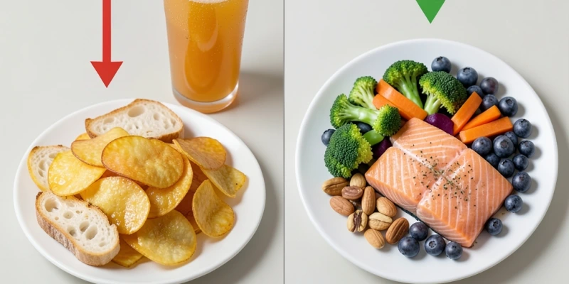 Schematische Darstellung: Links ein Teller mit stark verarbeiteten Lebensmitteln (Chips, Weißbrot, Limonade) und Pfeil zu „erhöhter oxidativer Stress"; rechts ein Teller mit Beeren, Gemüse, Nüssen und Fisch mit Pfeil zu „reduzierter oxidativer Stress" – beide Teller ohne Kalorienzahlen, nur als Muster