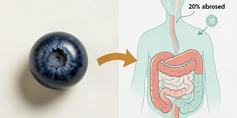 Schematische Darstellung: links ein vollständiges Lebensmittel (z. B. Beere), rechts ein Symbol des Verdauungstrakts mit Pfeil, der zeigt, wie viel davon tatsächlich ins Blut übergeht – visueller Vergleich zwischen Gehalt und Bioverfügbarkeit