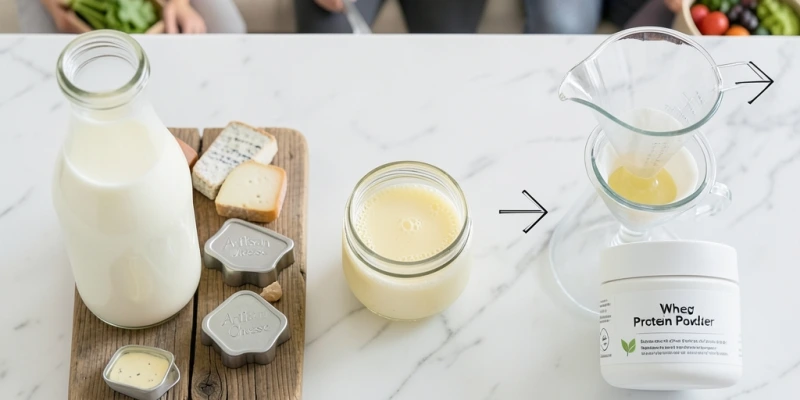 Schematische Darstellung: Milch → Käseherstellung → Molke als Nebenprodukt → Filtration → Whey-Pulver, als einfacher Produktionspfad visualisiert