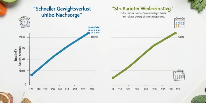 Schematische Darstellung: schneller Gewichtsverlust ohne Nachsorge vs. strukturierter Wiedereinstieg in normale Ernährung – Langzeitverläufe im Vergleich