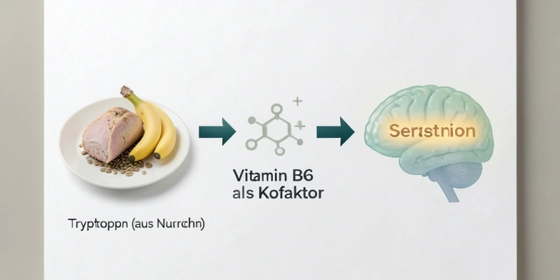 Schematische Darstellung: Tryptophan (aus Nahrung) → mit Vitamin B6 als Kofaktor → Serotonin im Gehirn. Einfache Pfeilgrafik ohne medizinische Überkomplexität