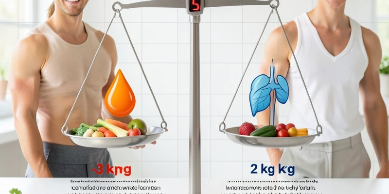 Schematische Darstellung: Waage zeigt „−5 kg" – darunter aufgeteilt in „3 kg Fett" und „2 kg Muskeln", mit kurzem Erklärungstext zu den unterschiedlichen Konsequenzen