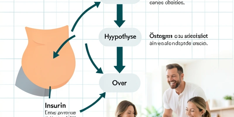 Schematische Darstellung: Wie Bauchfett über Insulin und Östrogen die Hormonachse Hypothalamus–Hypophyse–Ovar beeinflusst – vereinfachte Grafik mit drei Pfeilen und kurzen Erklärungen