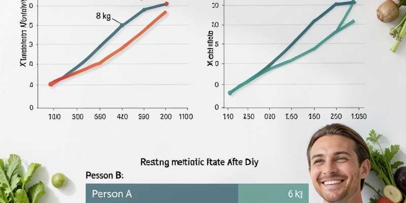 Schematische Darstellung zweier Gewichtsverläufe über 12 Wochen – eine Person verliert 8 kg, davon 3 kg Muskeln; eine andere verliert 6 kg, fast ausschließlich Fett. Darunter: Grundumsatz-Vergleich nach der Diät