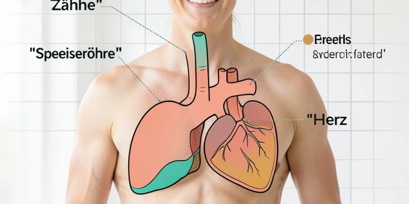 Schematische Grafik der körperlichen Folgen bei Bulimie – Zähne, Speiseröhre, Herz markiert; kein realer Körper abgebildet, sachlich-medizinischer Stil