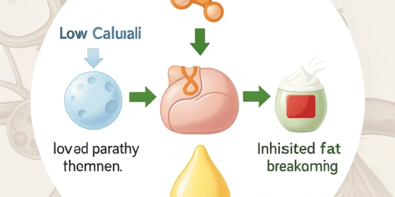Schematische Grafik: Kreislauf aus niedrigem Calciumspiegel → erhöhtem Parathyroidhormon → gehemmtem Fettabbau in der Fettzelle – und wie Calcium aus Milchprodukten diesen Kreislauf unterbricht