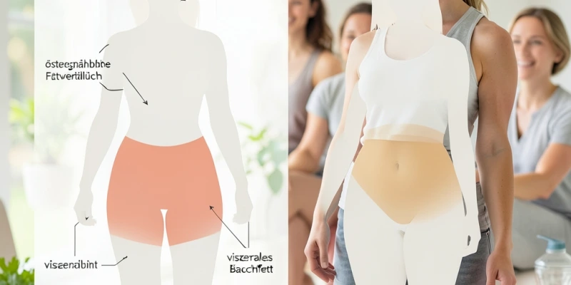 Schematische Körpersilhouetten, die Fettverteilung vor und nach den Wechseljahren zeigen – Hüft- und Oberschenkelfett vs. Bauchfett, mit kurzen Beschriftungen zu metabolischen Unterschieden