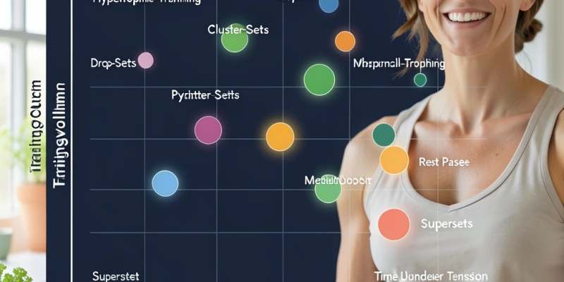 Schematische Übersicht der 8 Methoden als visuelle Vergleichsgrafik – Trainingsintensität auf der X-Achse, Trainingsvolumen auf der Y-Achse, jede Methode als Punkt eingetragen