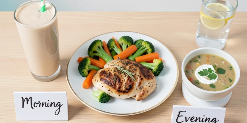 Schematischer Tagesplan – Frühstück als Multaben-Shake, Mittagessen als normale Mahlzeit, Abendessen als Multaben-Suppe, daneben Wasserglас