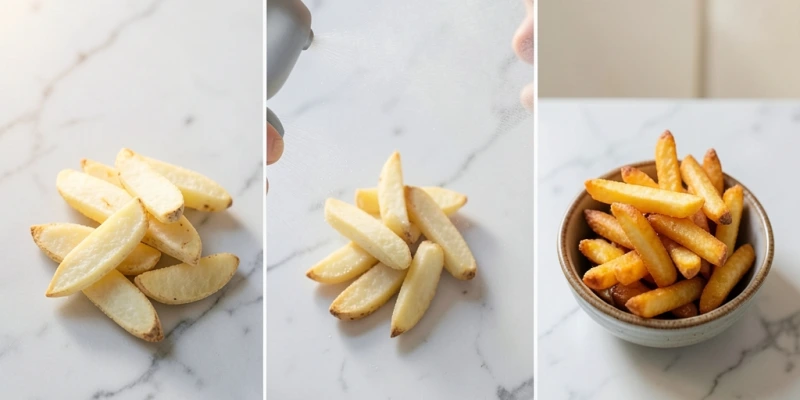 Schritt-für-Schritt-Abfolge: trockene Kartoffelspalten, Besprühen mit Ölsprüher, fertige goldbraune Pommes aus dem Airfryer