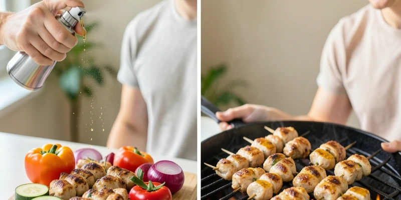 Schritt-für-Schritt-Darstellung: Grillgut auf einem Brett einsprühen, dann auf den Rost legen – mit sichtbarer Distanz zu den Flammen