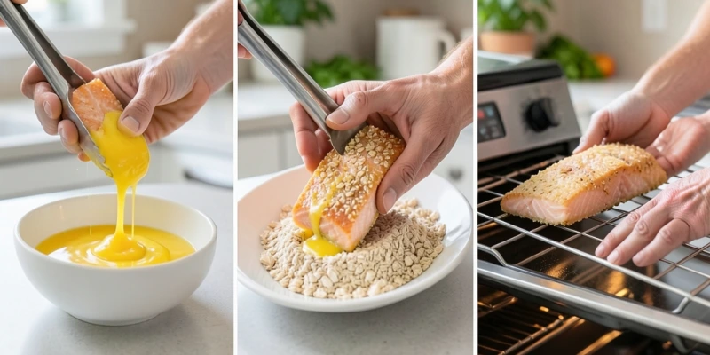 Schritt-für-Schritt: Fischfilet wird erst durch Ei gezogen, dann in Haferkleie gewälzt, dann auf einem Rost im Ofen gebacken – drei Bilder nebeneinander
