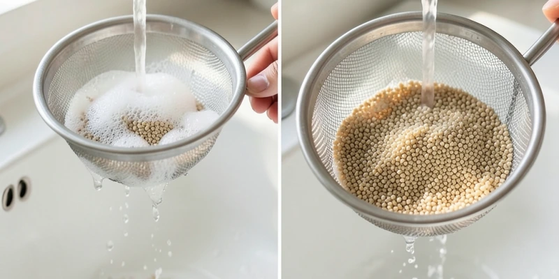Schritt-für-Schritt: Quinoa unter fließendem Wasser in einem feinen Sieb abspülen, sichtbarer Schaum beim ersten Durchgang, klares Wasser danach