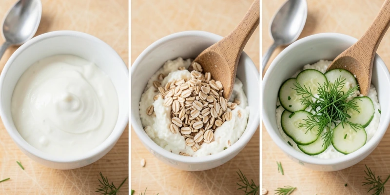 Schritt-für-Schritt-Zubereitung der herzhaften Quark-Hafer-Bowl: 200 g Magerquark in Schüssel, Haferflocken einrühren, Gurfel und Kräuter darüber – drei einfache Schritte, unter 5 Minuten