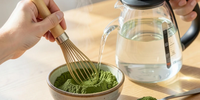 Schritt-für-Schritt-Zubereitung: Matcha-Pulver in kleiner Schüssel mit Bambusbesen verrühren, dann Wasser aus einem Thermometer-Krug bei 75°C hinzufügen