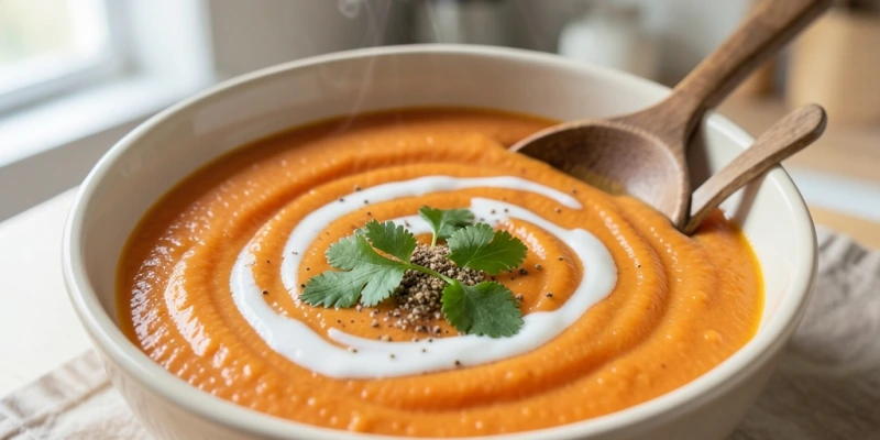 Schüssel Karottensuppe mit einem sichtbaren Schuss Kokosmilch und frischen Kräutern – kein Produktname sichtbar