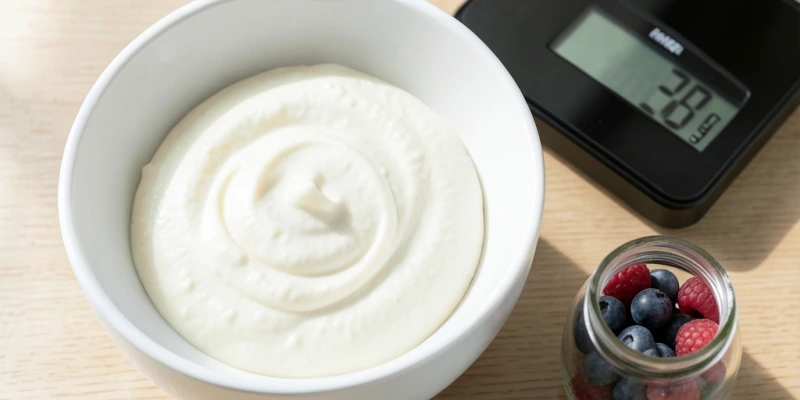 Schüssel mit 250 g Magerquark, daneben eine digitale Küchenwaage und ein kleines Glas Beeren – Post-Workout-Snack auf einem Küchentisch